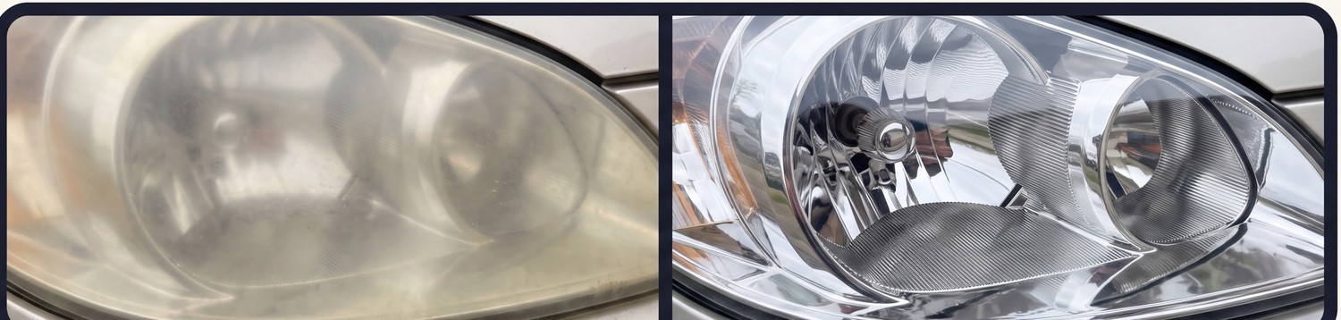 Foggy yellowed headlight before restoration next to a clear restored headlight